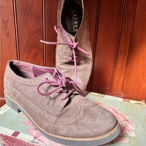 Ralph Lauren Taupe Suede Wingtip Imogen Oxfords with Pink Laces size 8